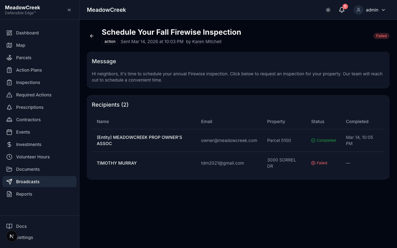 Broadcast detail — delivery and completion tracking