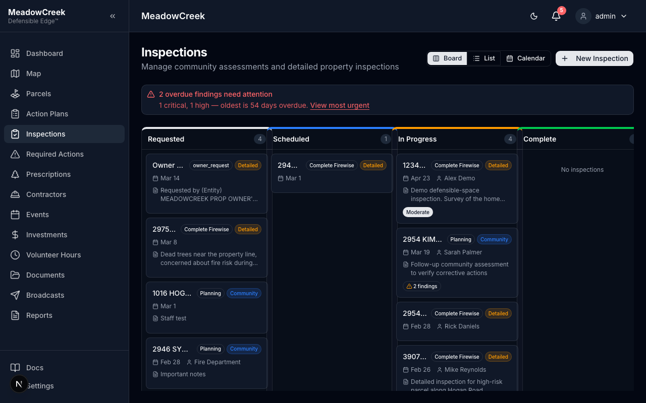 Inspections kanban — Requested column shows owner-initiated requests