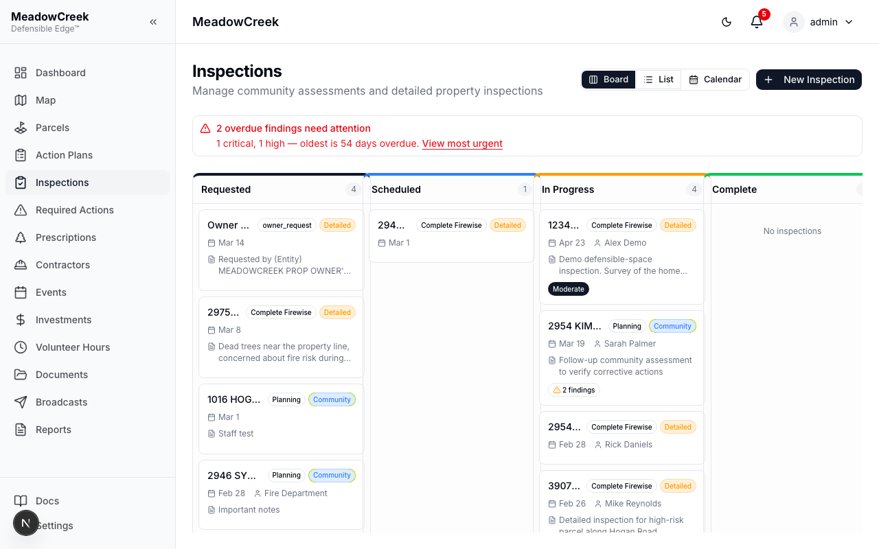 Inspections kanban — Requested column shows owner-initiated requests