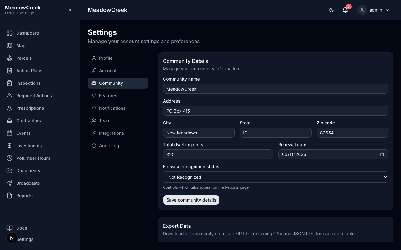 Community settings page